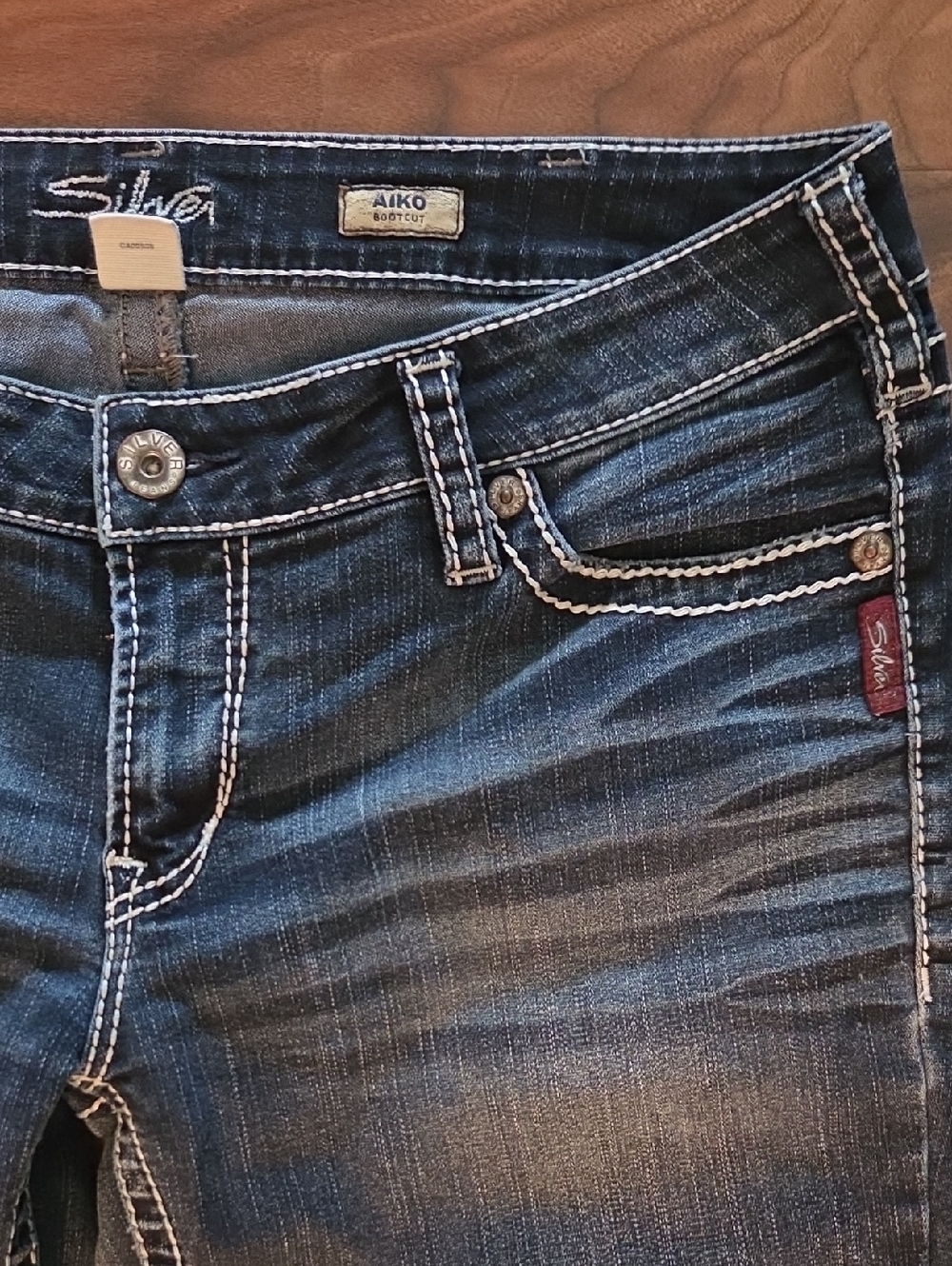 Silver Jeans Aiko Boot Cut Jeans with White Contrast Stitching, Size 34X33".